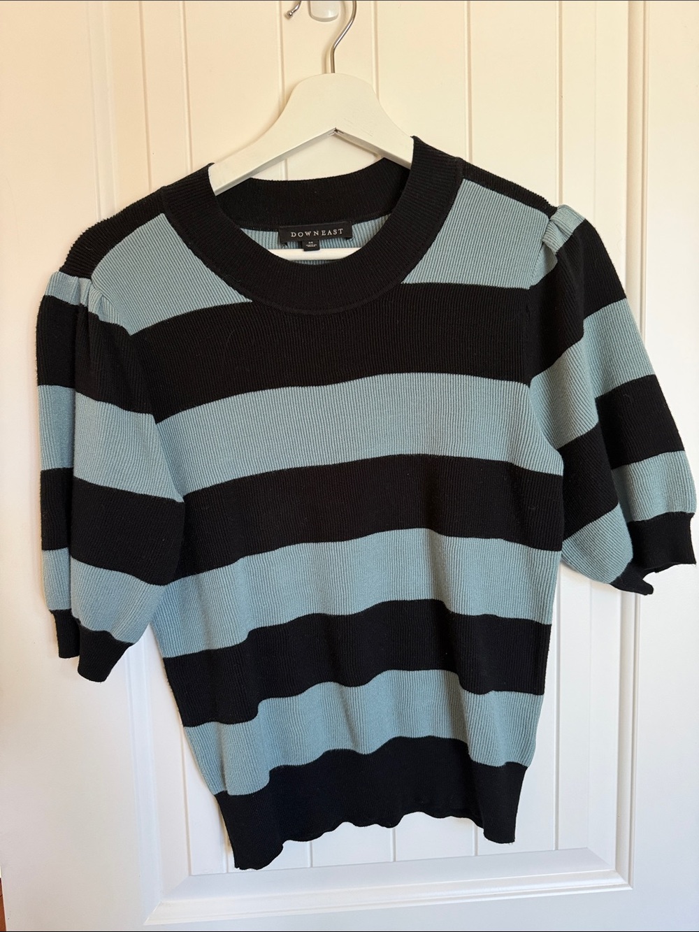DownEast Black and Light Blue Striped Puff Sleeve Knit Top